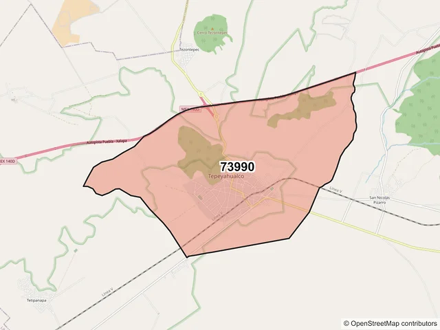 Mapa del código postal 73990, Tepeyahualco, Puebla