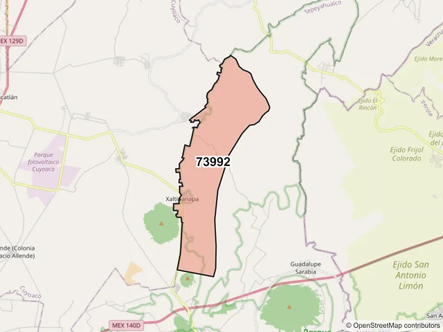 Mapa del código postal 73992, Tepeyahualco, Puebla