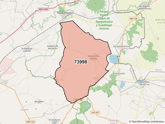 Mapa del código postal 73998, Tepeyahualco, Puebla