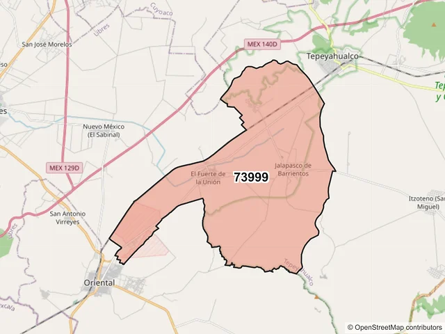 Mapa del código postal 73999, Tepeyahualco, Puebla