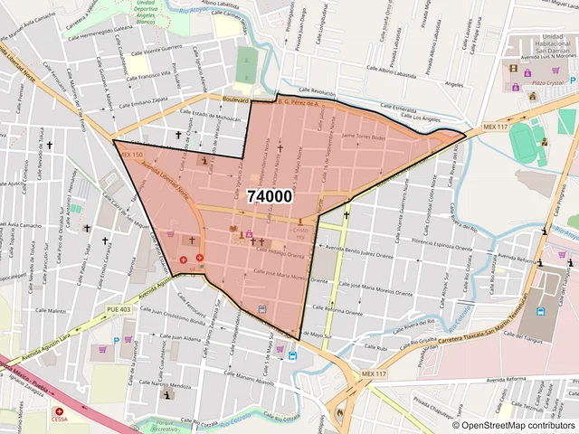 Mapa del código postal 74000, San Martín Texmelucan, Puebla
