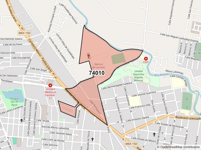 Mapa del código postal 74010, San Martín Texmelucan, Puebla