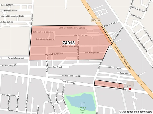 Mapa del código postal 74013, San Martín Texmelucan, Puebla