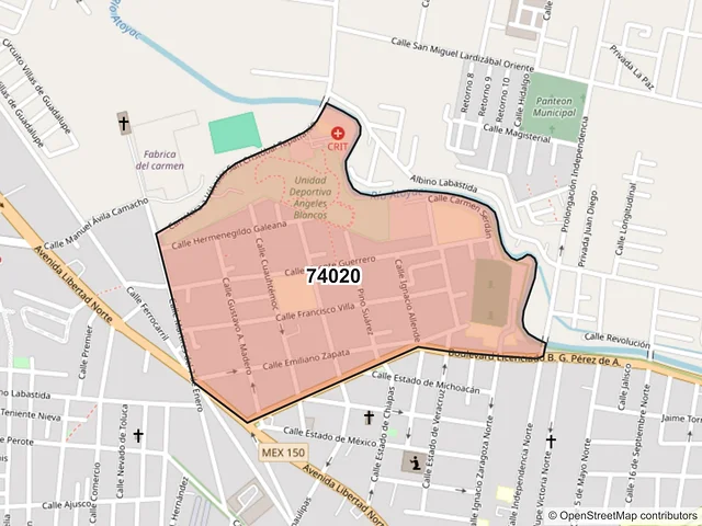 Mapa del código postal 74020, San Martín Texmelucan, Puebla