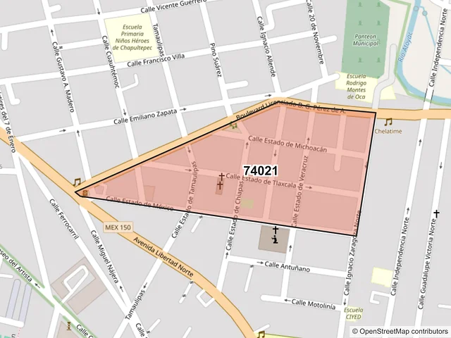 Mapa del código postal 74021, San Martín Texmelucan, Puebla