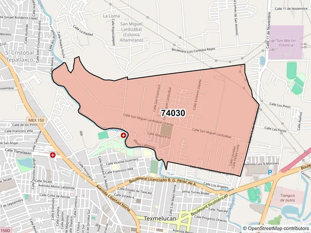 Mapa del código postal 74030, San Martín Texmelucan, Puebla