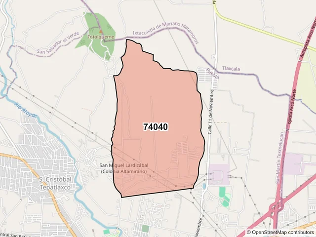 Mapa del código postal 74040, San Martín Texmelucan, Puebla