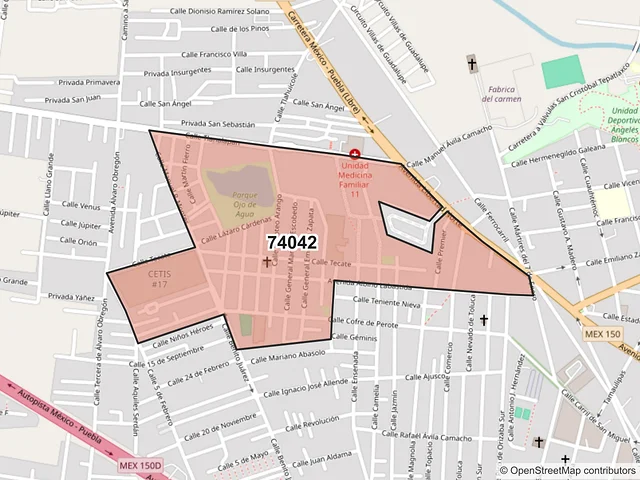 Mapa del código postal 74042, San Martín Texmelucan, Puebla