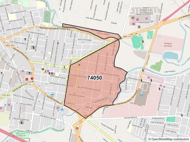 Mapa del código postal 74050, San Martín Texmelucan, Puebla