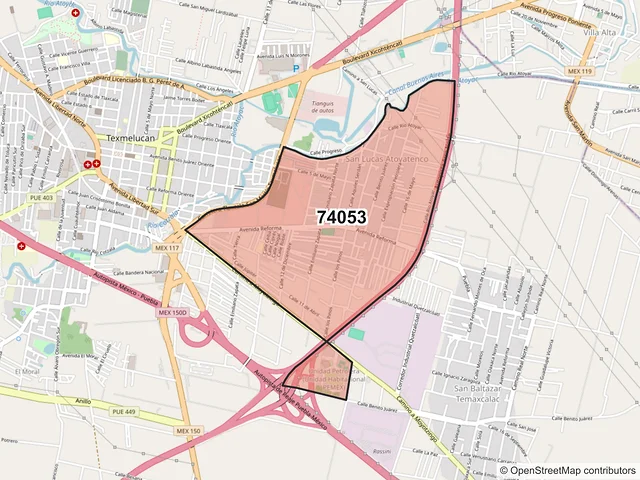 Mapa del código postal 74053, San Martín Texmelucan, Puebla