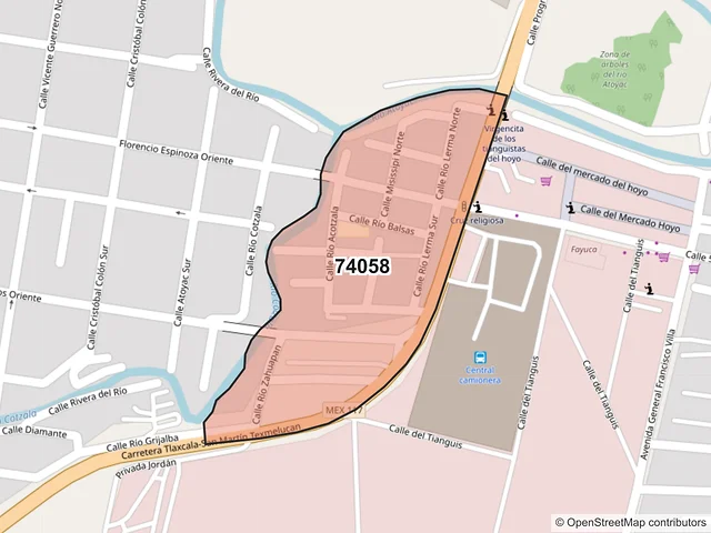 Mapa del código postal 74058, San Martín Texmelucan, Puebla