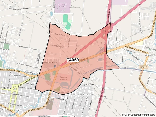 Mapa del código postal 74059, San Martín Texmelucan, Puebla