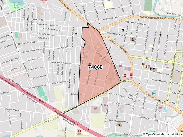 Mapa del código postal 74060, San Martín Texmelucan, Puebla