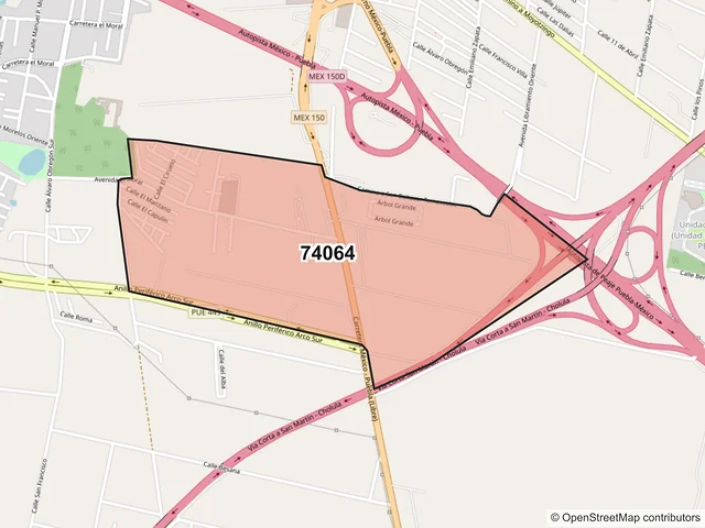 Mapa del código postal 74064, San Martín Texmelucan, Puebla