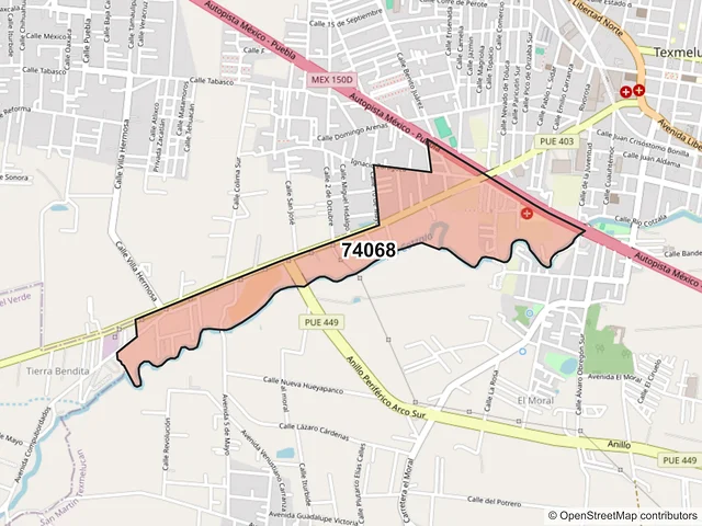 Mapa del código postal 74068, San Martín Texmelucan, Puebla