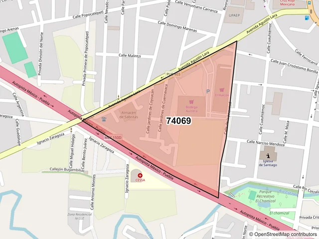 Mapa del código postal 74069, San Martín Texmelucan, Puebla