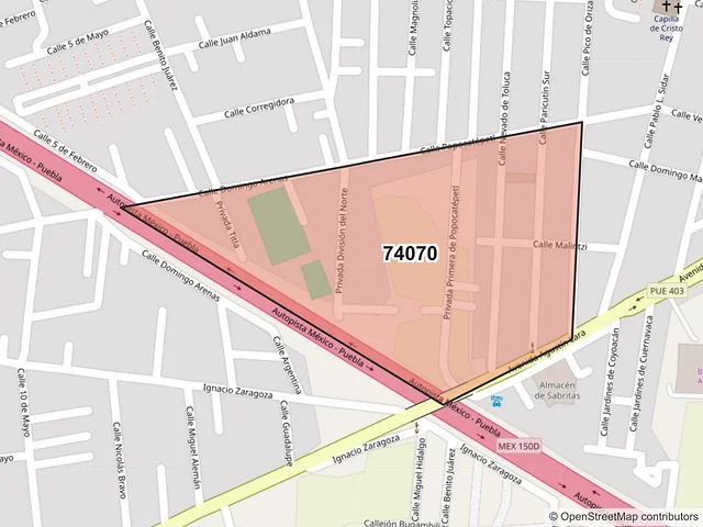 Mapa del código postal 74070, San Martín Texmelucan, Puebla
