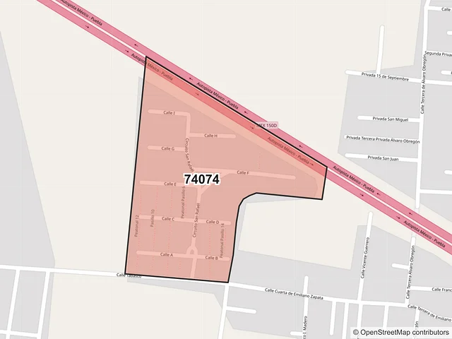 Mapa del código postal 74074, San Martín Texmelucan, Puebla