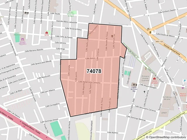 Mapa del código postal 74078, San Martín Texmelucan, Puebla