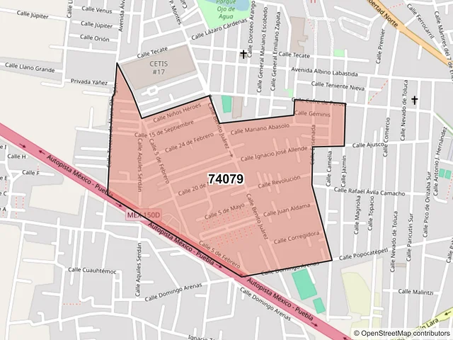 Mapa del código postal 74079, San Martín Texmelucan, Puebla