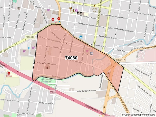 Mapa del código postal 74080, San Martín Texmelucan, Puebla
