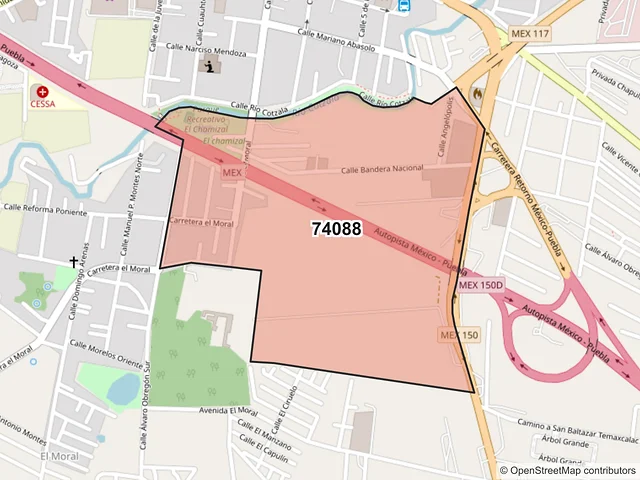 Mapa del código postal 74088, San Martín Texmelucan, Puebla