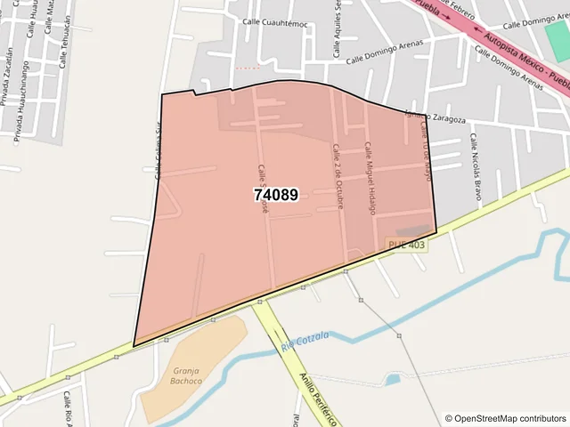 Mapa del código postal 74089, San Martín Texmelucan, Puebla