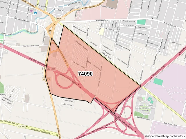 Mapa del código postal 74090, San Martín Texmelucan, Puebla
