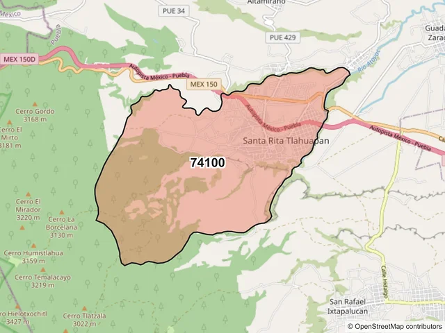 Mapa del código postal 74100, Tlahuapan, Puebla