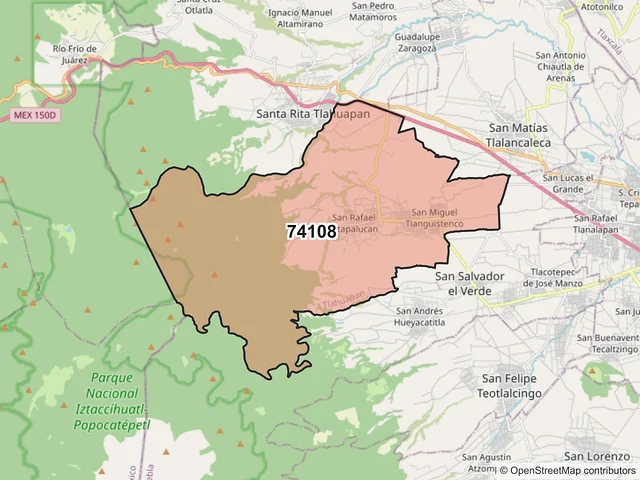 Mapa del código postal 74108, Tlahuapan, Puebla