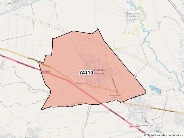 Mapa del código postal 74110, San Matías Tlalancaleca, Puebla