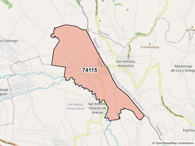Mapa del código postal 74115, San Matías Tlalancaleca, Puebla