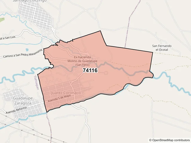 Mapa del código postal 74116, San Matías Tlalancaleca, Puebla