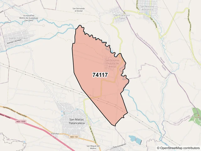 Mapa del código postal 74117, San Matías Tlalancaleca, Puebla