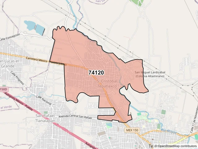 Mapa del código postal 74120, San Martín Texmelucan, Puebla