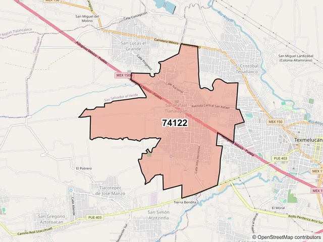 Mapa del código postal 74122, San Martín Texmelucan, Puebla