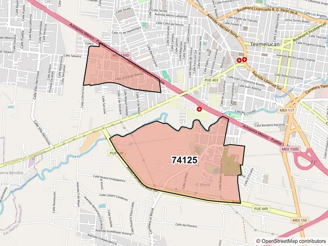 Mapa del código postal 74125, San Martín Texmelucan, Puebla