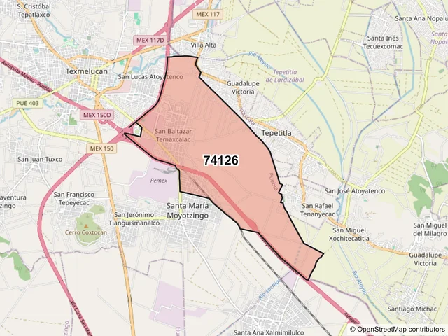 Mapa del código postal 74126, San Martín Texmelucan, Puebla