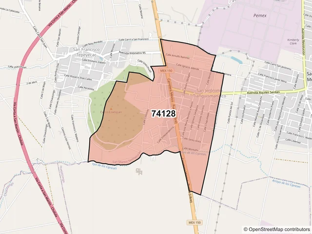 Mapa del código postal 74128, San Martín Texmelucan, Puebla