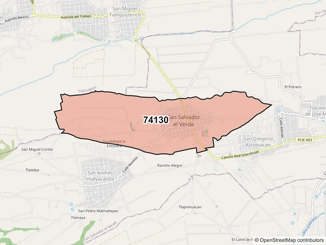 Mapa del código postal 74130, San Salvador el Verde, Puebla