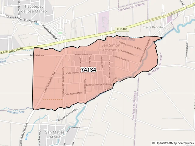 Mapa del código postal 74134, San Salvador el Verde, Puebla