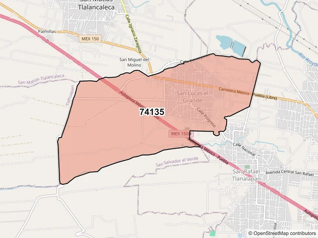 Mapa del código postal 74135, San Salvador el Verde, Puebla