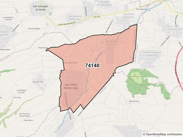 Mapa del código postal 74140, San Felipe Teotlalcingo, Puebla
