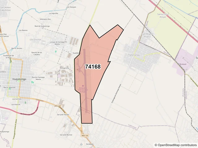 Mapa del código postal 74168, Huejotzingo, Puebla