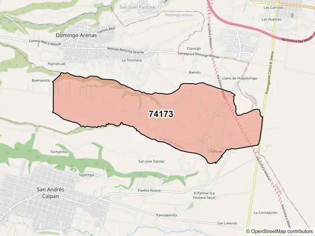 Mapa del código postal 74173, Domingo Arenas, Puebla