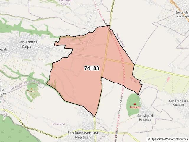 Mapa del código postal 74183, Calpan, Puebla