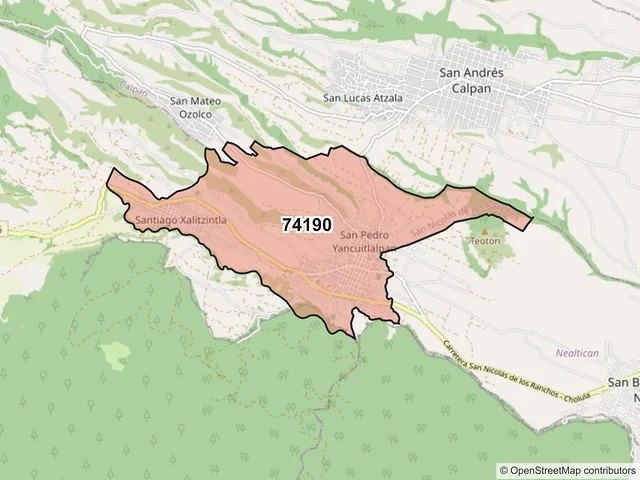 Mapa del código postal 74190, San Nicolás de los Ranchos, Puebla