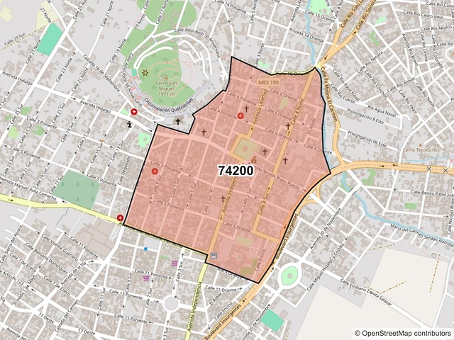 Mapa del código postal 74200, Atlixco, Puebla