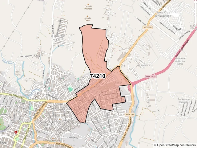 Mapa del código postal 74210, Atlixco, Puebla