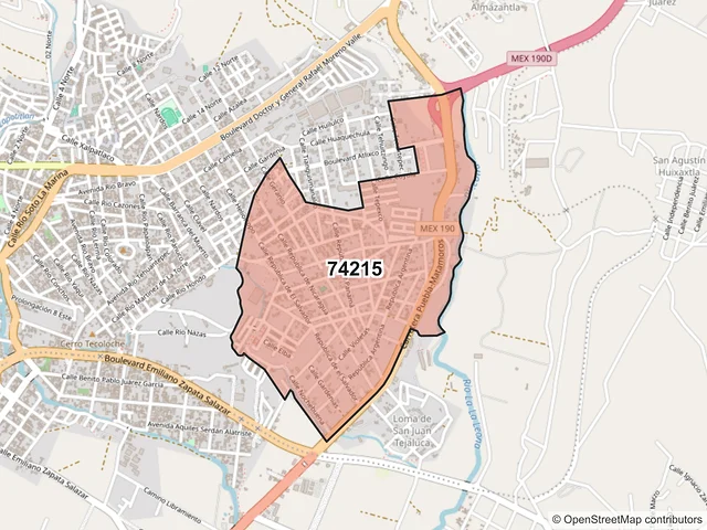Mapa del código postal 74215, Atlixco, Puebla